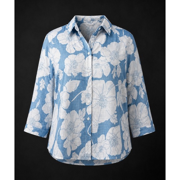 Tops - Women's 2X Blue White Floral Button Up Shirt Cottagecore Coastal Lightweight